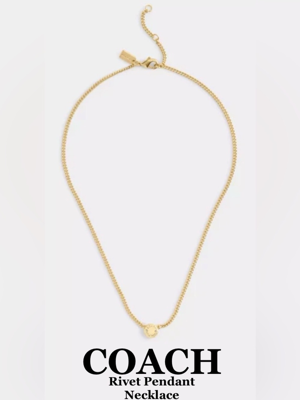 NWT Coach Rivet Pendant Necklace - Yellow Gold Tone , 16”-18”, Style CBW07 Authe